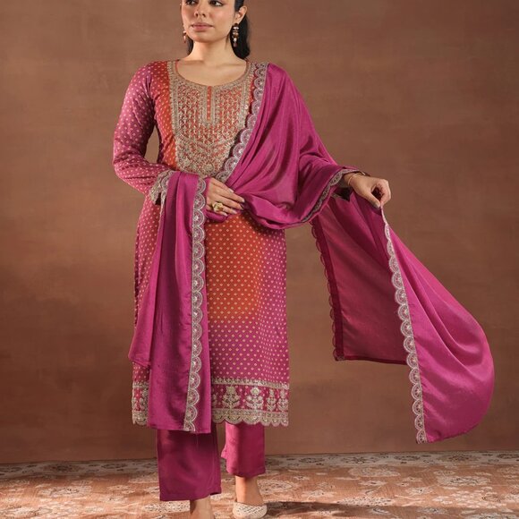 Pink Printed Silk Blend Kurta Set with Dupatta – Women S–2XL Ethnic Outfit - Picture 2 of 6